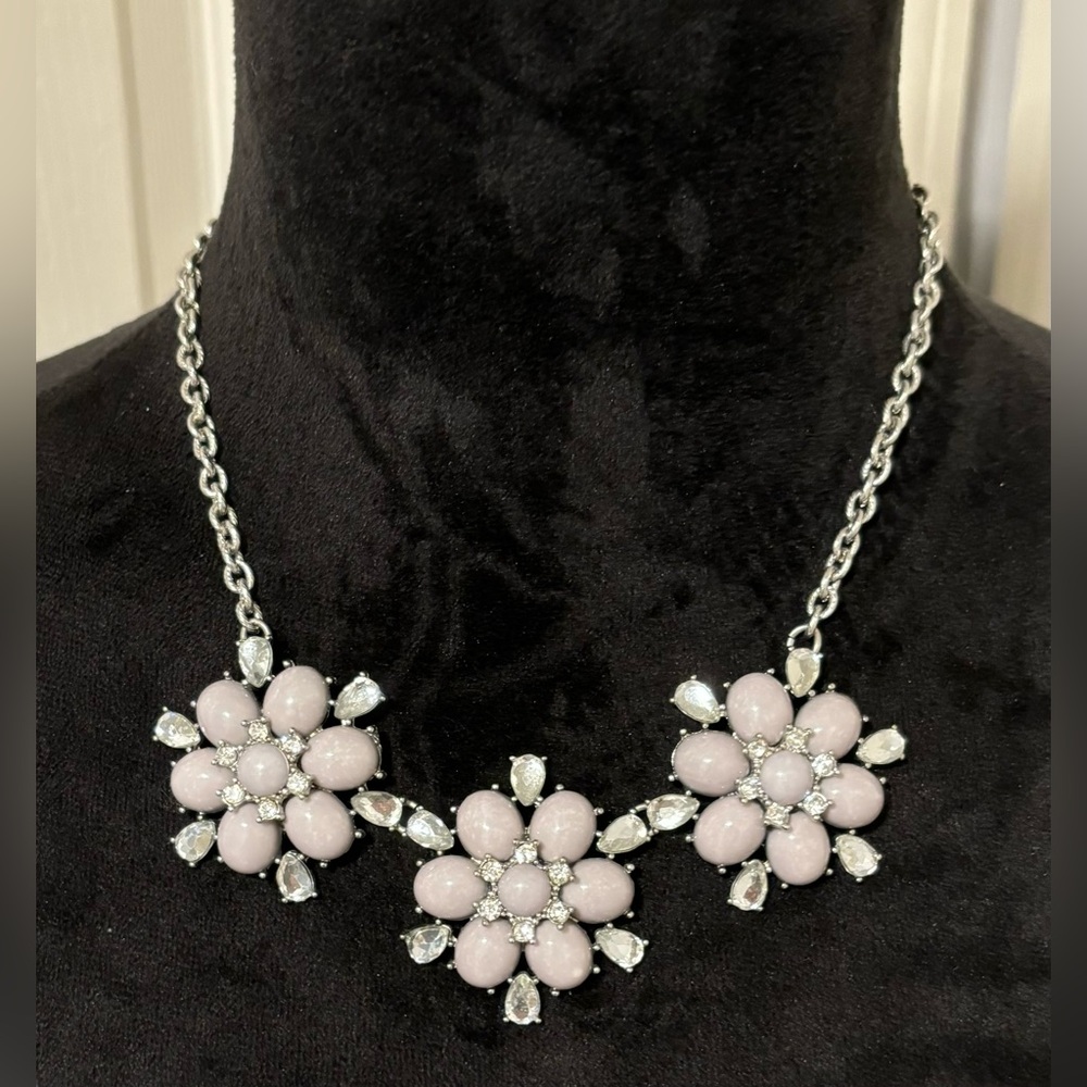 Blush Pink Rhinestone Floral Statement Necklace 3 Flower Bib